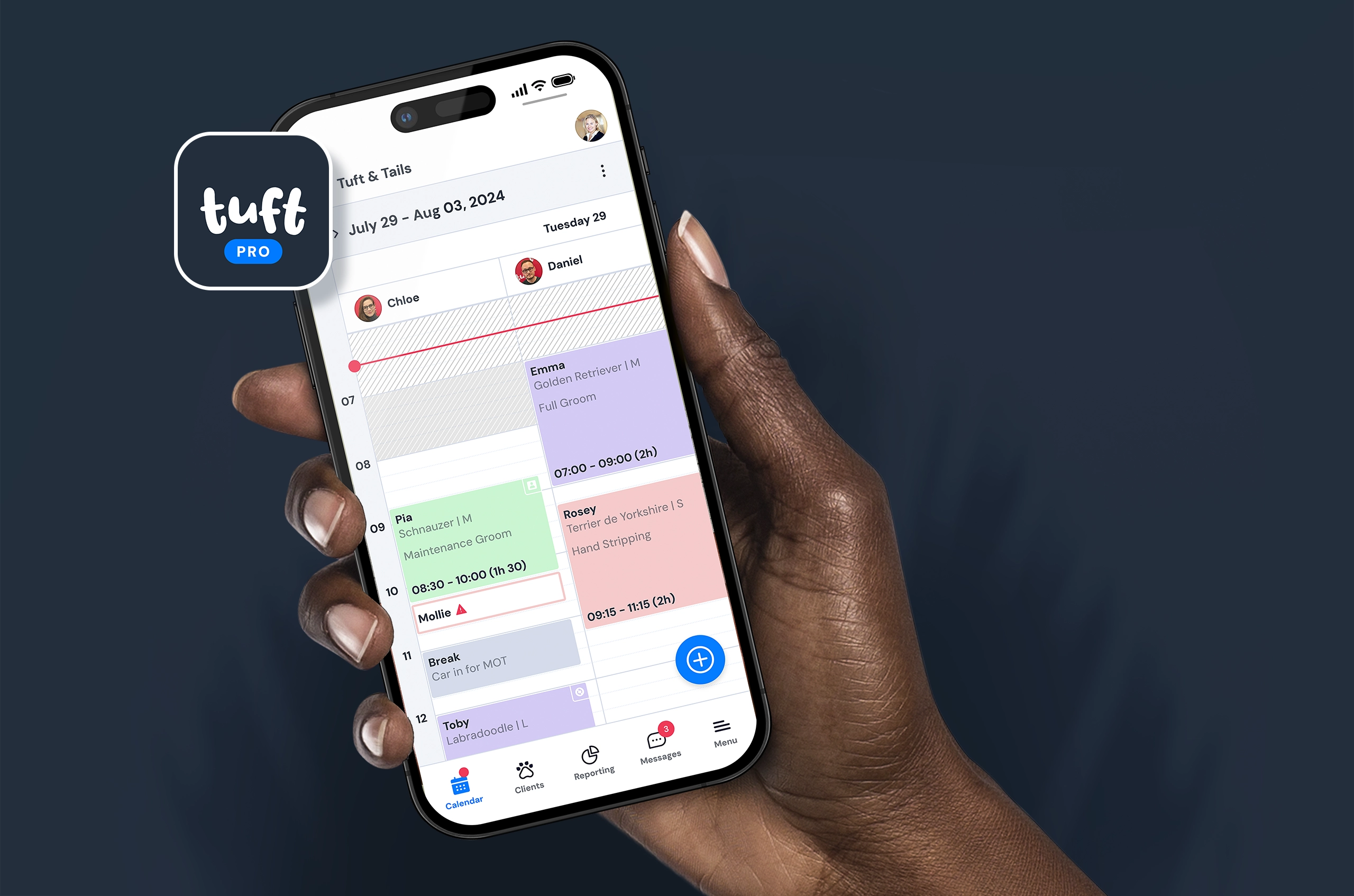 The simplest way to book and schedule grooming appointments. Download Tuft Pro for iOS and Android.