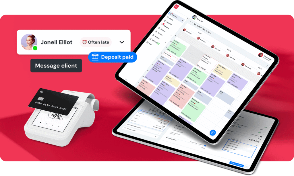 Tuft's grooming calendar on a tablet with a week of colour-coded appointments, alongside a card reader, a client flagged as often late, and a deposit paid notification.