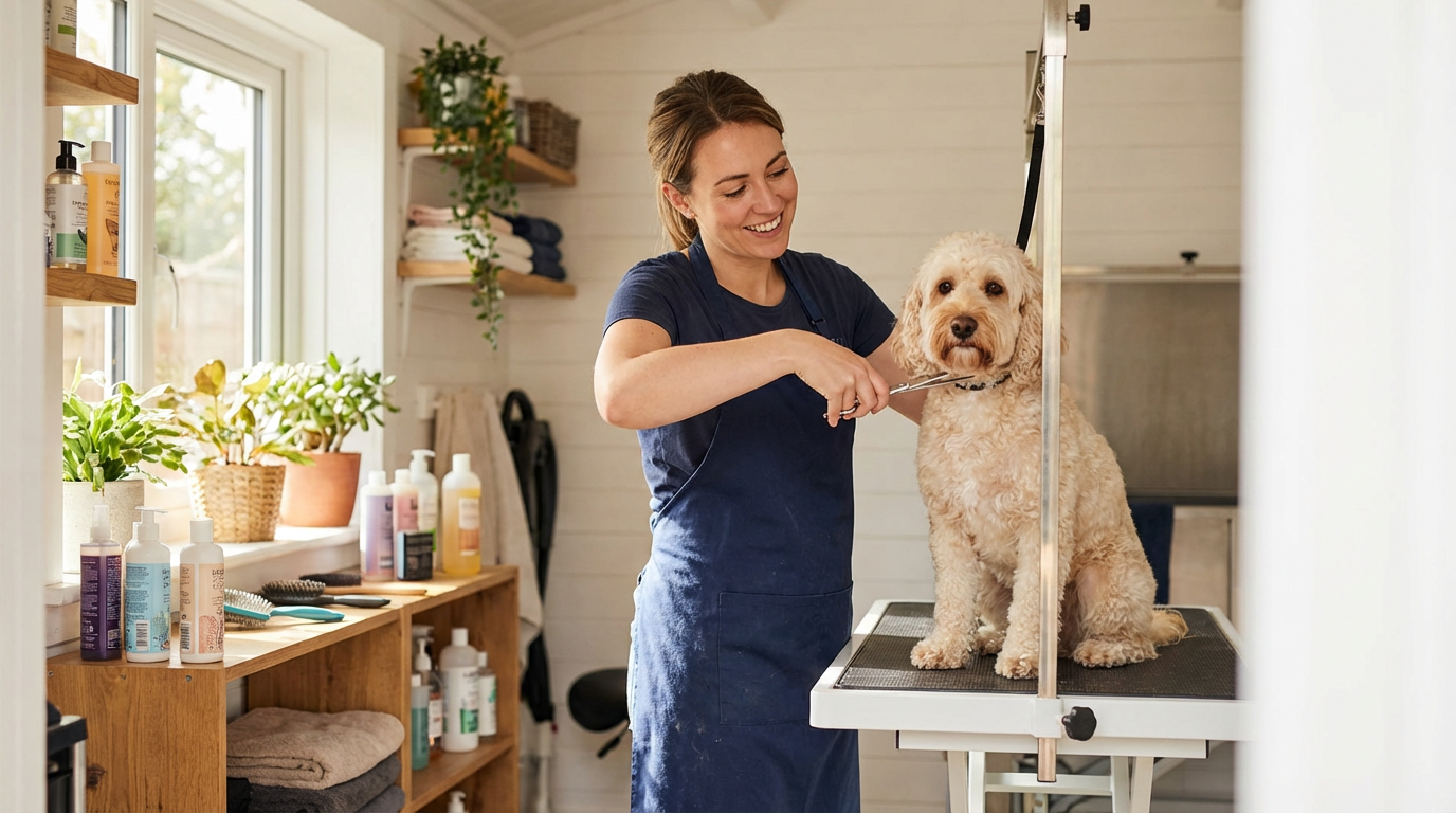 Female dog groomer trimming a cockapoo in a home grooming salon