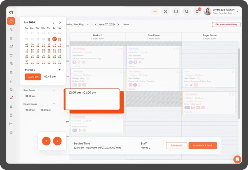 MoeGo's calendar showing a mobile groomer's appointments arranged along an optimised driving route.