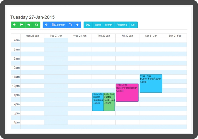 ShakeYourTail's appointment diary showing colour-coded bookings and client details.
