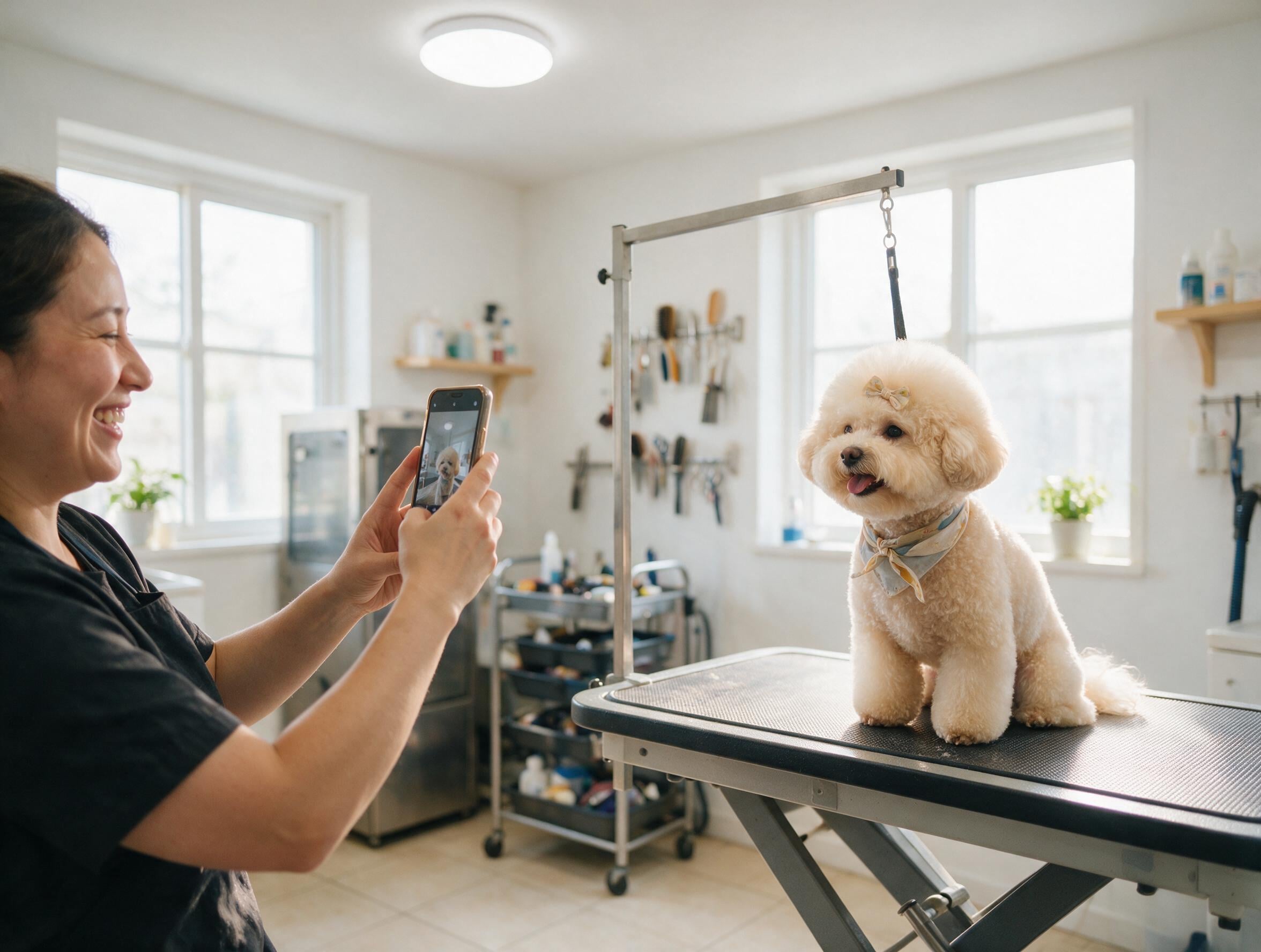 pet groomer taking a picture of a dog once it's been groomed
